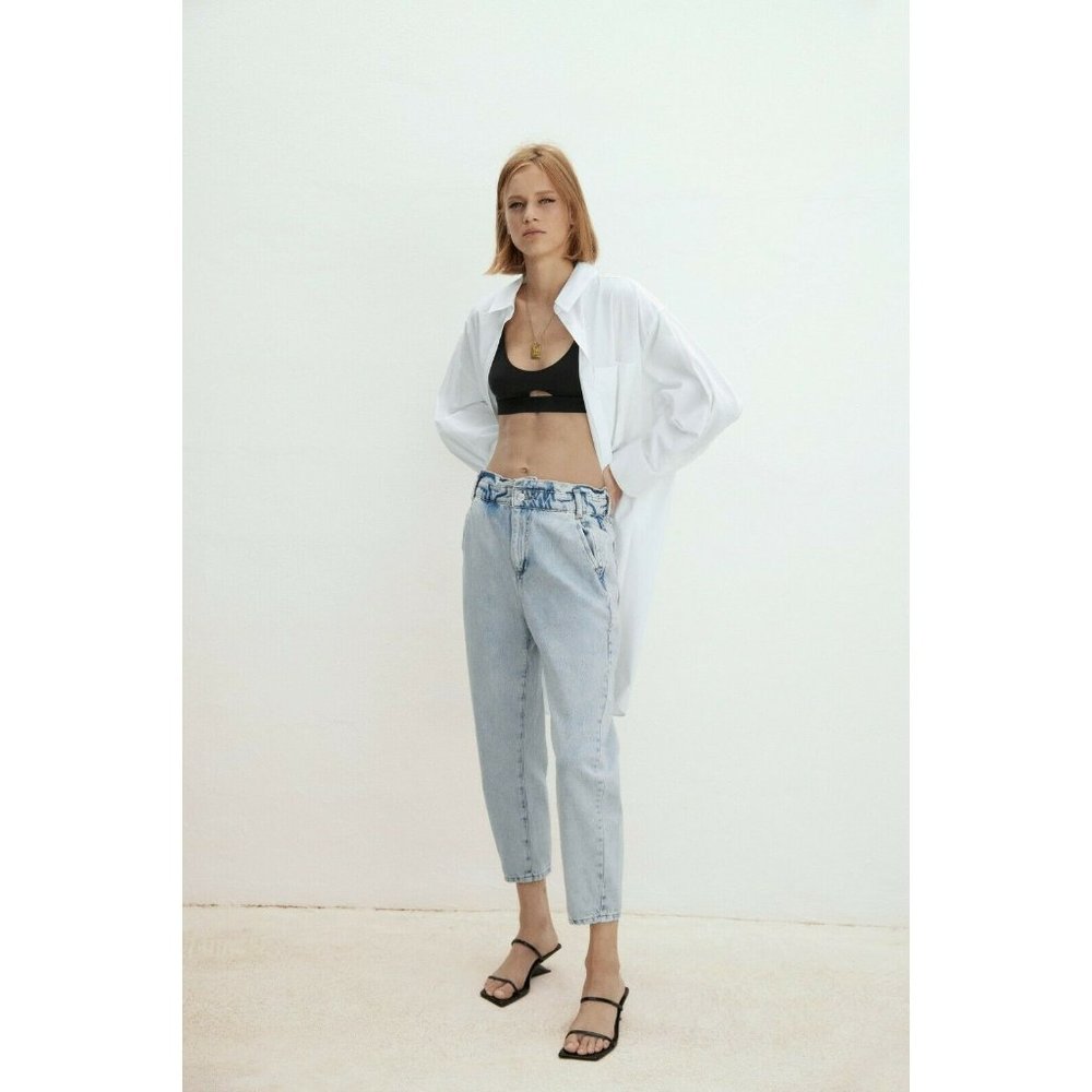 Zara Womens Baggy Paperbag High Waisted Mom Jeans Size 6 Blue Light Wash Pockets